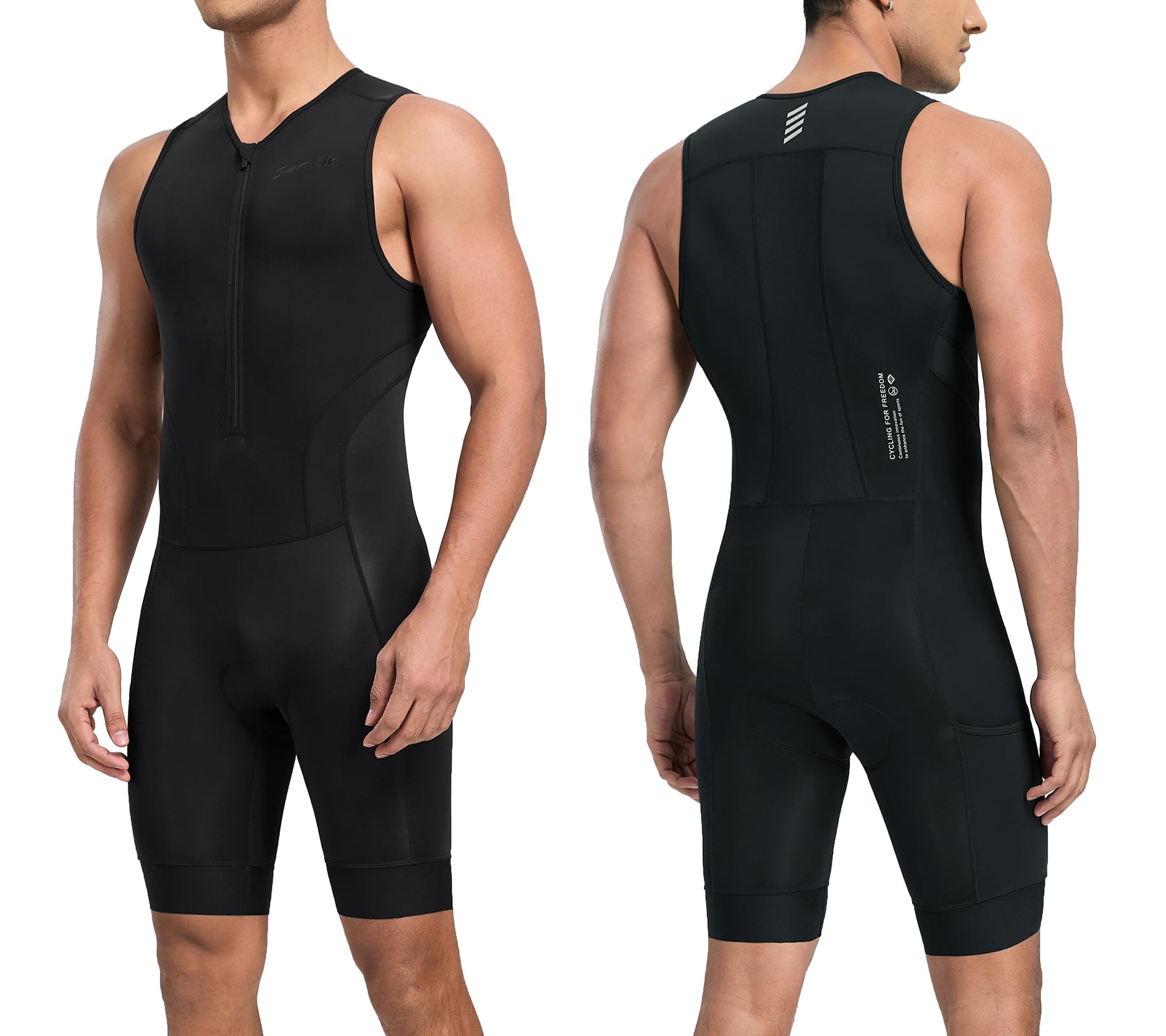 Santic Men's Triathlon Suit Sleeveless Skinsuit Padded Quick-Dry Swim Bike Run Pockets